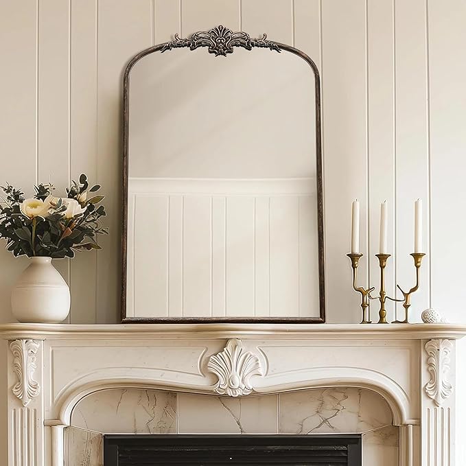 Besdomus Antique Large Arched Mirror: 24"x36" French Arch Black Vintage Vanity Wall Mounted Mirror - Traditional Ornate Home Decor for Entryway/Fireplace/Bathroom/Bedroom - Idea for Young Couples