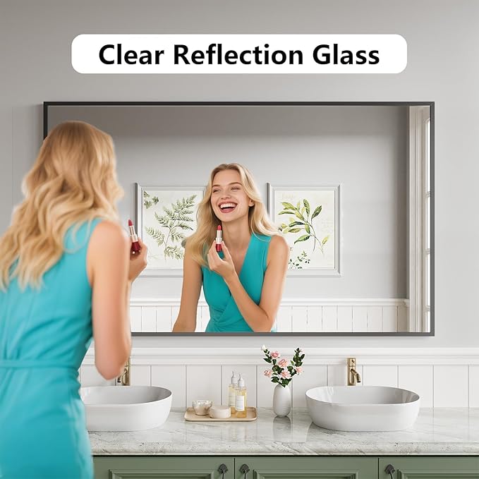 Koonmi Bathroom Mirror, 36X60 Brushed Black Metal Framed Wall-Mounted Mirror for Over Sink, HD Tempered Glass, Anti-Rust, Rectangle Mirror for Restroom, Bedroom, Hangs Horizontal or Vertical