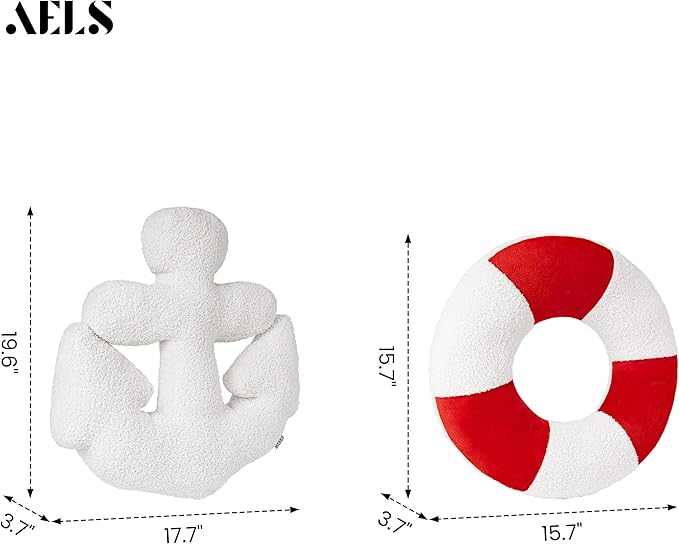AELS 3D Anchor & Lifebuoy Nautical Throw Pillows, 19.6"& 15.7" Set of 2, Coastal Decor for Beach Enthusiasts Beach House, Ideal for Sofa Couch Living Room Bedroom and Nursery, Red and White