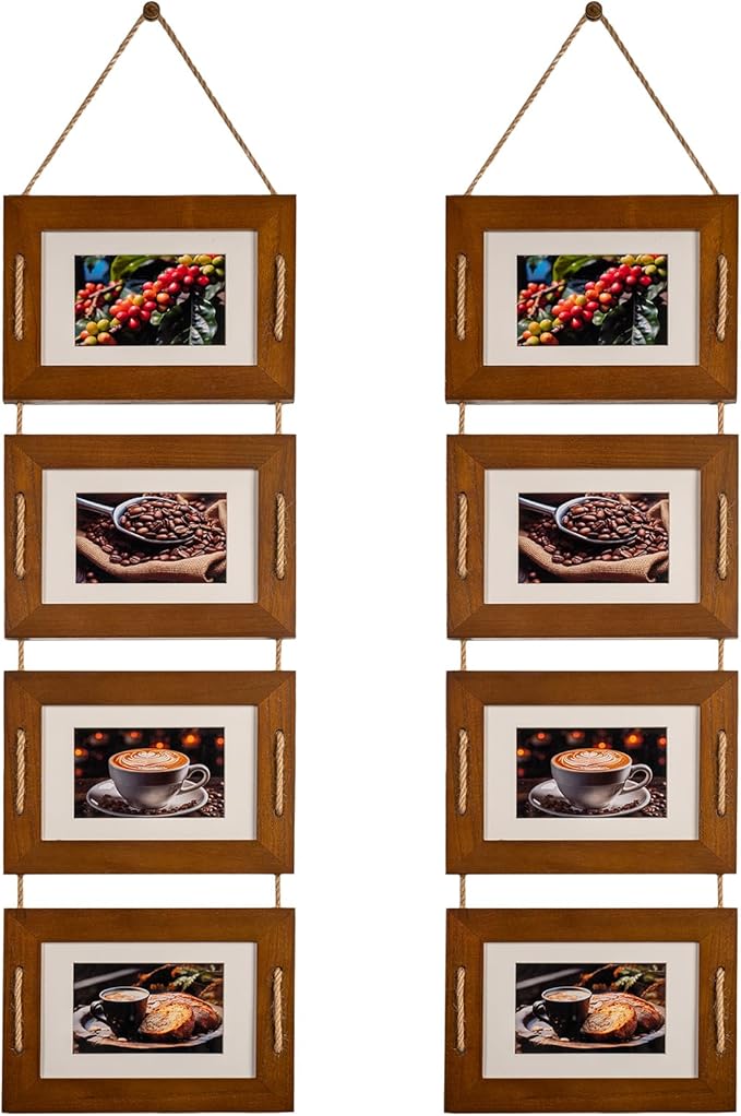 DLQuarts 5x7 Hanging Collage Picture Frames Wall Decor, 4-Opening 5x7 Matted to 3.5x5 Photo Rustic Wood Frame with Hemp Rope, 2 Pack, Dark Walnut