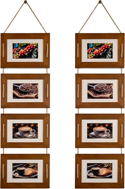 DLQuarts 5x7 Hanging Collage Picture Frames Wall Decor, 4-Opening 5x7 Matted to 3.5x5 Photo Rustic Wood Frame with Hemp Rope, 2 Pack, Dark Walnut