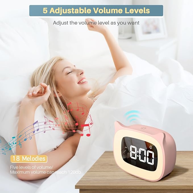 Cute Cat Ear Alarm Clock with Night Light for Bedroom,Pink - Image 5
