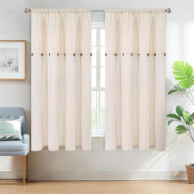 ASPMIZ Farmhouse Living Room Curtains Boho, Country Linen Curtains with Rustic Buttons, Rod Pocket & Back Tab Lake Khaki Curtain for Bedroom Window Curtain Home Decor, 52 x 63 Inch, 2 Panels
