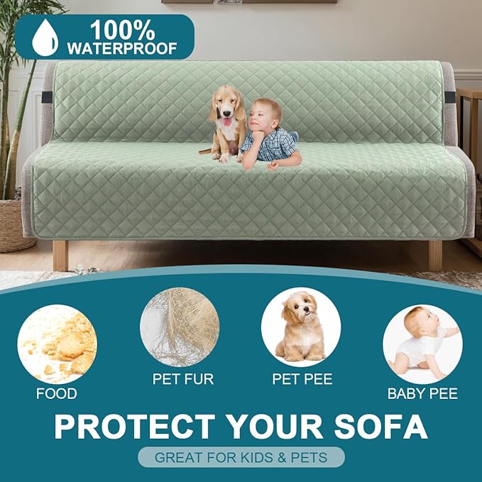 Turquoize 100% Waterproof Futon Cover Futon Slipcover Washable Armless Sofa Bed Slipcover Protector Seat Width Up to 70" with Adjustable Elastic Strap Anti-Slip for Dogs, Sage