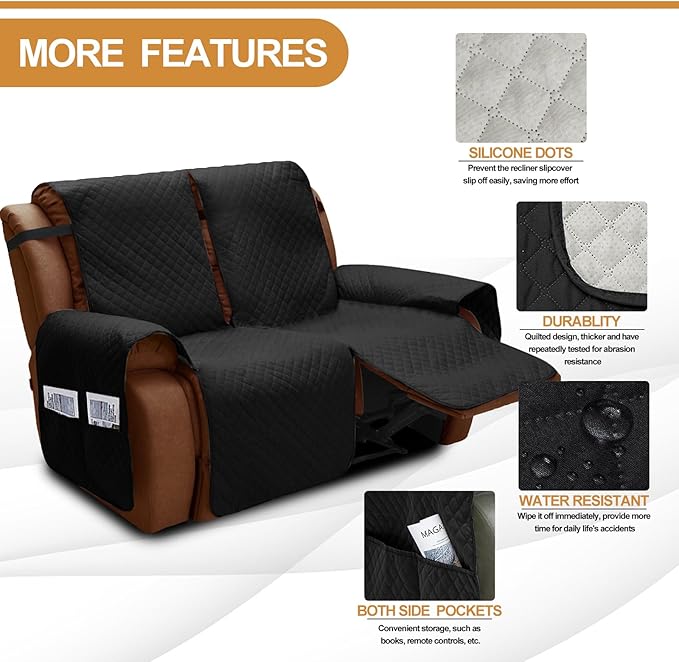XINEAGE Water Resistant Recliner Cover, 2 Seat Loveseat Covers with Pockets, Quilted Thick Protector Cover for Dog Pets with Non Slip Backing and Strap (Loveseat, Black)