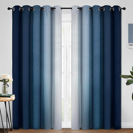 Yakamok Blue and Greyish White Ombre Curtains, Room Darkening Gradient Color Curtains for Bedroom, Light Blocking Thermal Insulated Window Drapes for Living Room(2 Panels, 70x84 Inch)