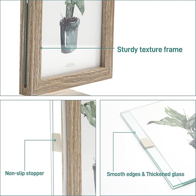 Sapowerntus 4x6 Picture Frames, Rustic Family Desk Photo Frame, Flowers Plants Floating Double-Sided Glass Vase Office Tabletop Standing Decor, Mother Wedding Cute Dog Unique Gift