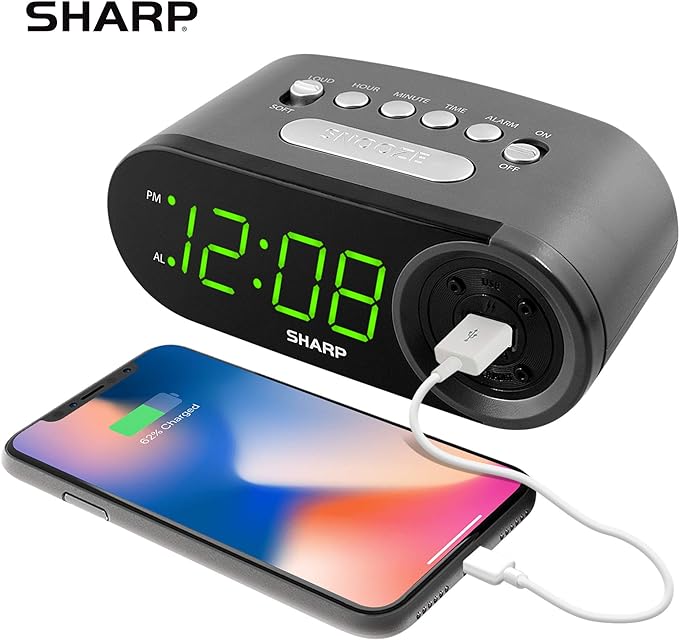 Sharp Digital Alarm Clock with 2A USB Charging and Green LED Display | 2A high-speed USB port; Easy-read green LEDs; Simple controls; Phone or tablet charging; Black - Image 2