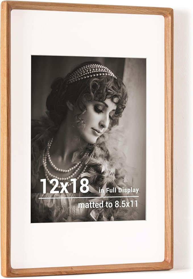 12x18 Poster Frame, USA-Sourced Cherry Wood Picture Frame with HD Tempered Glass, Handcrafted Rounded Corner 12 x 18 Wooden Frames Matted to 8.5x11 Photos, Horizontal or Vertical Wall Display