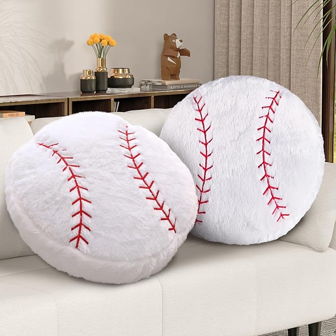 Baseball Pillow, 2 Pcs Baseball Plush Pillow, Soft Fluffy Stuffed Sports Throw Pillows, Home Decor Cushion, Round Baseball Pillows, Sports Gifts for Room Decoration 15.8"