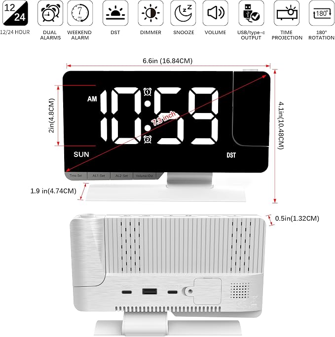 Lamisola Projection Alarm Clock for Bedroom Ceiling, White Digital Clock - Image 7