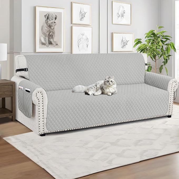 XINEAGE Oversized Sofa Cover Waterproof Couch Covers for 3 Cushion Couch, Soft Washable Slipcover with Pockets & Non-Slip Elastic Straps, Thick Furniture Protector (XL-Sofa, Light Grey)