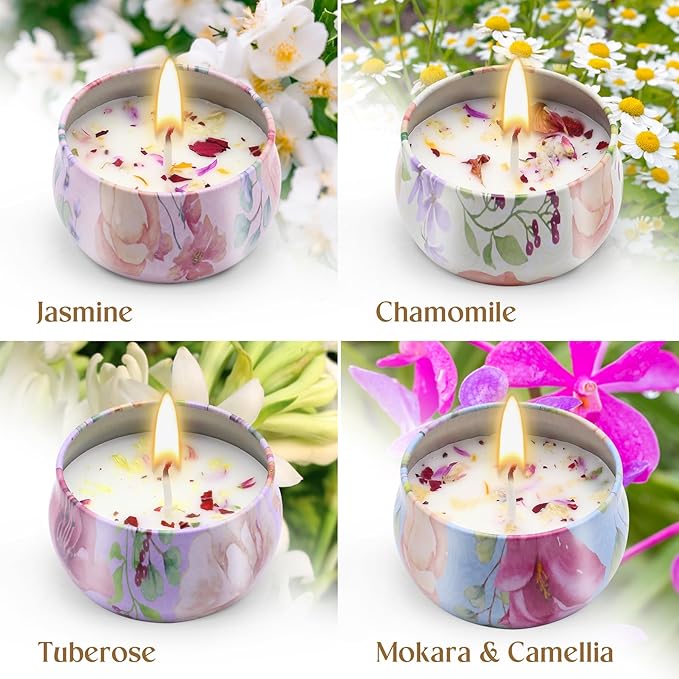 Scented Candles Gift Set for Women Soy Candles 4 Pack Natural Aromatherapy with Dried Flowers in Reusable Tins Relaxation Gift for Birthday Mother's Day Valentine's Day Christmas New Home