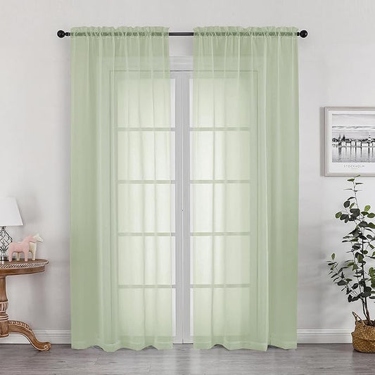 OWENIE Sheer Curtains 72 Inches Long 2 Panels Set, Light Filtering Sheer Curtain Rod Pocket Clear Drapes for Living Room Bedroom Window Sliding Door, Each 42 x 72 Inch, Light Green