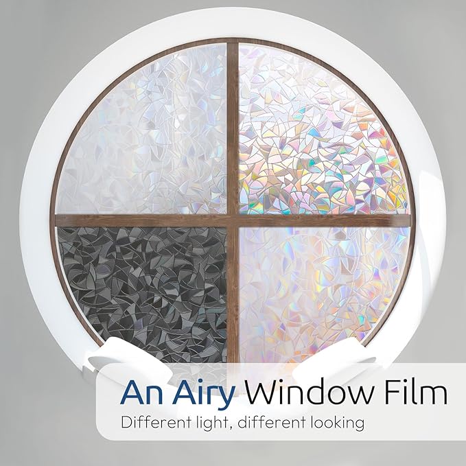 rabbitgoo Window Privacy Film Rainbow Film Decorative Window Sticker, 3D Static Stained Glass Cling Tint for Home Heat Control Non-Adhesive, 17.5 x 118.1 inches