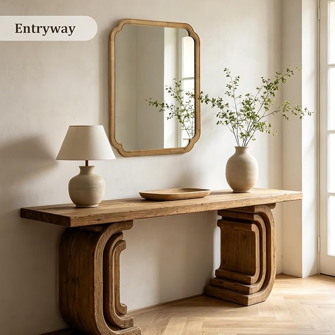 WallBeyond 30" x 36" Rounded Corner Arch Wall Mirror with Wood Frame for Entryway, Living Room or Bedroom Home Decor - Light Woodgrain [30 x 36 inches, Natural Color]