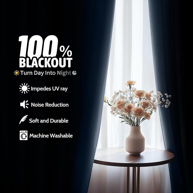 COSVIYA 100% Blackout Ombre Navy Blue Curtains for Bedroom with White Back,2 Thick Layers Thermal Insulated Room Darkening Grommet Window Drapes, 52x63 Inch, 2 Panels
