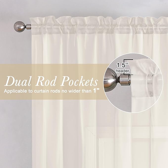 Lecloud Ivory Sheer Curtains 50 Inch Length 2 Pcs, Rustic Farmhouse Curtains with Rod Pockets, Light Filtering Window Solid Drapes for Bedroom Bathroom Basement Living Room, Each Panel 42" W x 50" L