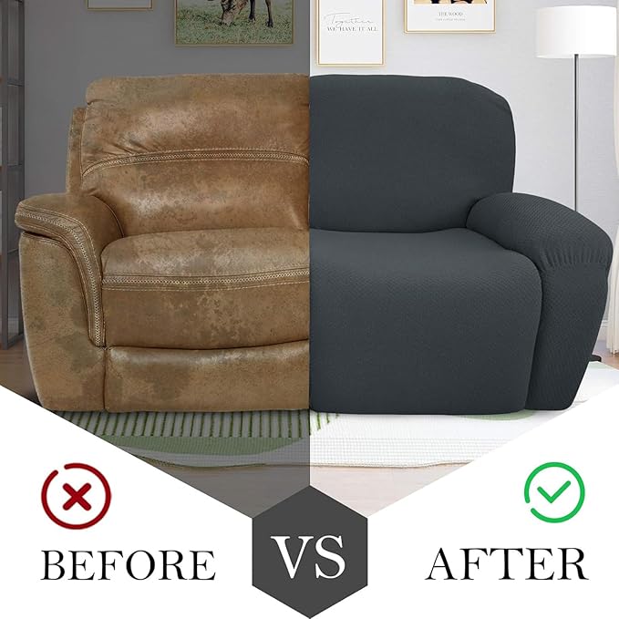 JIVINER Loveseat Recliner Covers 6-Piece Stretch Jacquard Recliner Sofa Slipcover 2 Seater Washable Reclining Couch Cover with Pocket Fitted Furniture Protector Cover (Loveseat Recliner, Dark Gray)