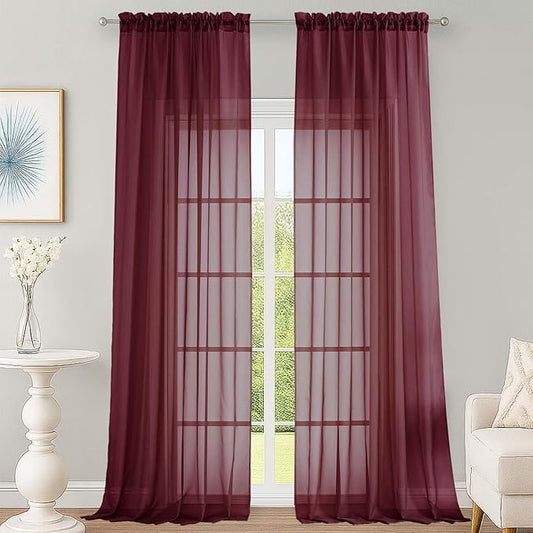 OWENIE Sheer Curtains 2 Panels Set for Bedroom Living Room, Soft Solid Rod Pocket Light Filtering Window Treatment, 2Pcs Each 59" W x 108" L, Burgundy Wine