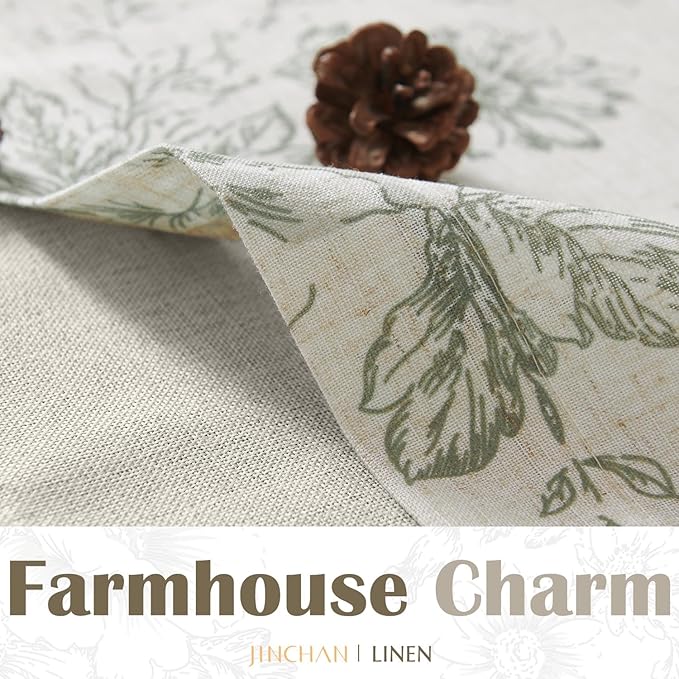 jinchan Linen Floral Valance Double Layer Kitchen Window Curtain Green Flower on Beige Valance for Living Room Cafe Farmhouse Light Filtering Rustic French Country Sage 18 Inch Rod Pocket 1 Panel