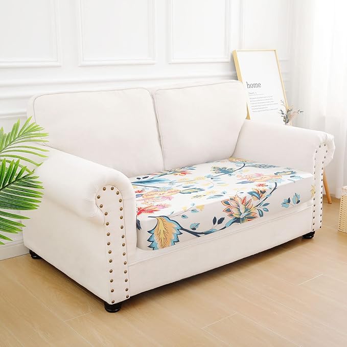 hyha Printed Couch Cushion Covers, Floral Sofa Covers Washable for 2 Cushion Couch, Stretch Pattern Outdoor Cushion Covers for Patio Furniture with Elastic Bottom(Medium, White Paisley)