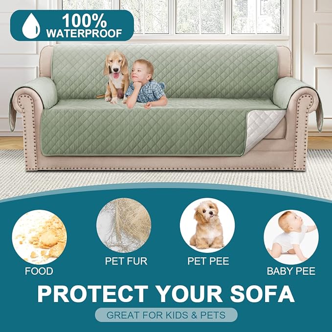Turquoize 100% Waterproof Couch Cover Sofa Covers Washable Couch Covers for 3 Cushion Couch Sofa Pet Friendly Triple Non-Slip Couch Cover for Dogs Furniture Covers for Pets, Kids,Dog (Sofa 70", Sage)
