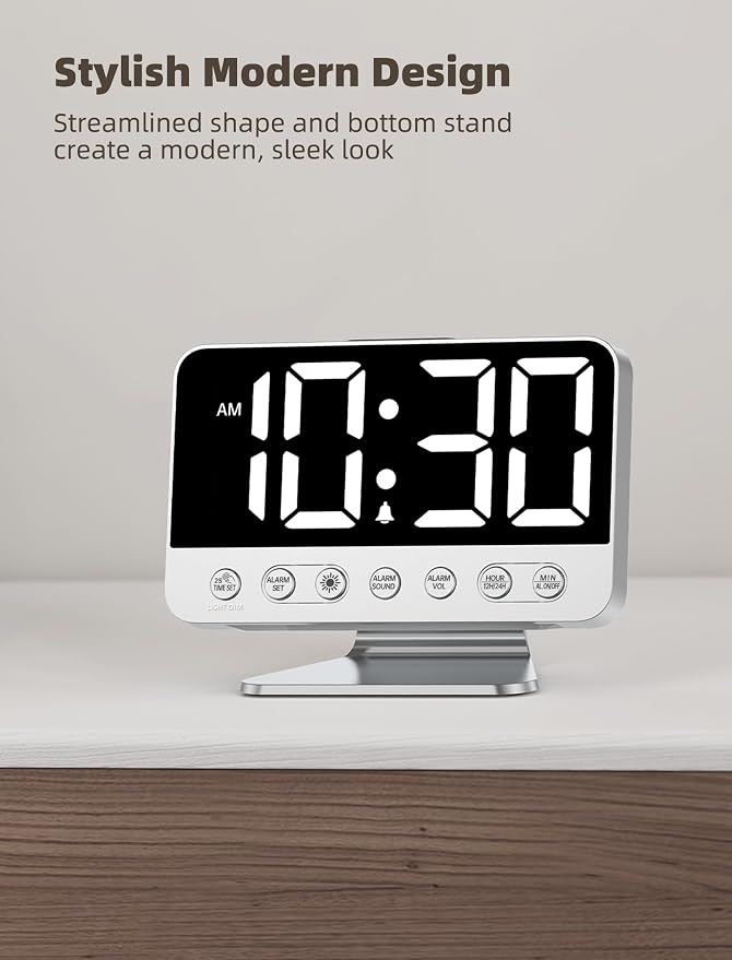 Odokee Digital Alarm Clocks for Bedrooms: Easy to Read Across The Room | Large Bold Number 5 Brightness Dimmer - 8 Night Light 5 Sound - Loud Alarm for Heavy Sleepers with Adjustable Volume - Silver - Image 7