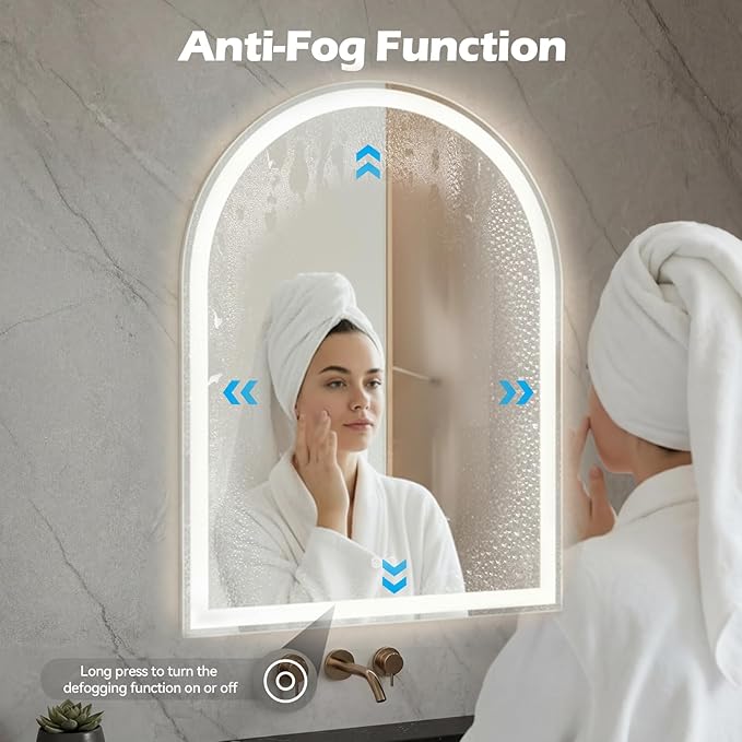Sweetcrispy 28“×36” LED Bathroom Backlit Mirror with Lights, Arched Vanity Mirror with Anti-Fog, Dimmable, 3-Color Light, Memory Function, Tempered Glass