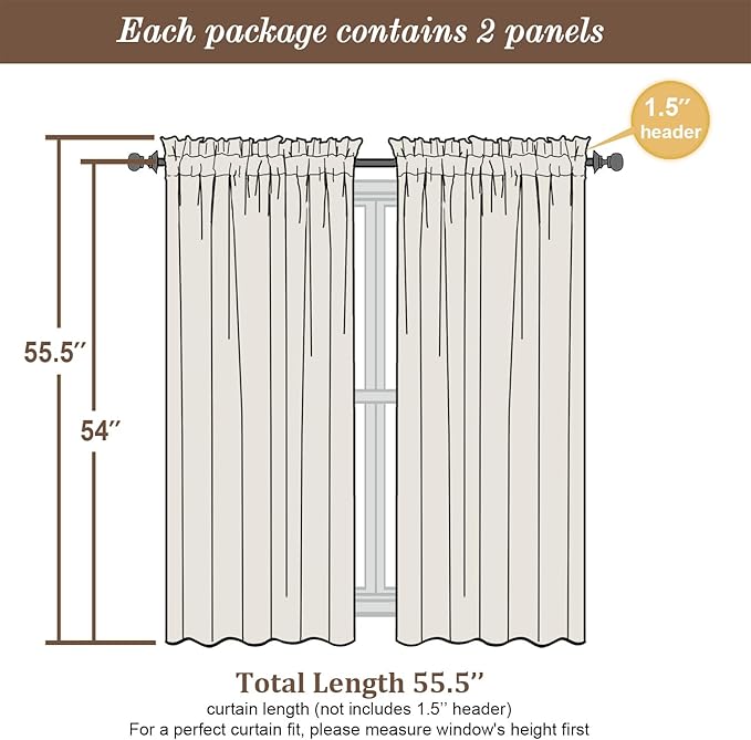 Chyhomenyc Curtains 54 Inch Length 2 Panels, Faux Linen Textured Semi Sheer Light Filtering Soft Airy Rod Pocket Window Treatment Drapes for Living Room Bedroom, Each 30 Wx54 L, Moon Beige