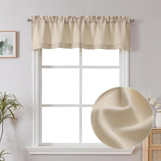 Chyhomenyc Valance for Windows, Faux Linen Slub Textured Small Valance for Kitchen Bathroom Basement, Rod Pocket Short Top Window Curtains for Bedroom, 30Wx14L inch, 2 Piece, Linen Color