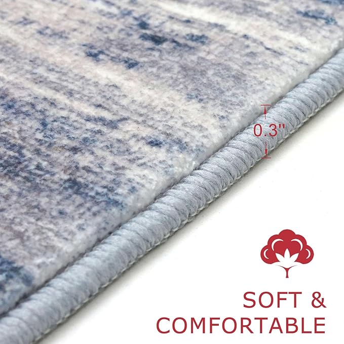 KOZYFLY Washable Area Rug 5x7 Modern Ombre Living Room Thin Area Rug Non-Slip Soft Striped Rug for Bedroom, Print Grey-Blue Abstract Carpet for Laundry Kid Room