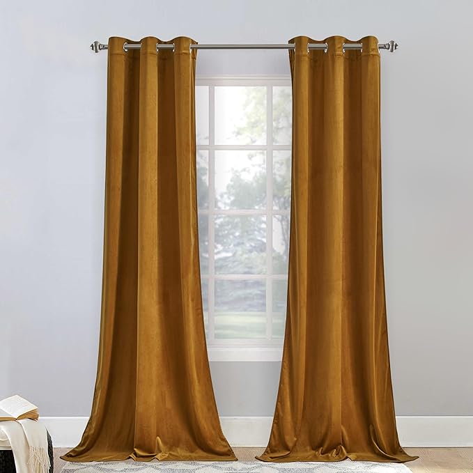 StangH Mustard Gold Velvet Curtains Elegant Decor for Party Backdrops, 90 inches Solid Drapes Light Blocking for Bedroom Energy Saving Room Dividers for Doorway, W42 x L90, Set of 2