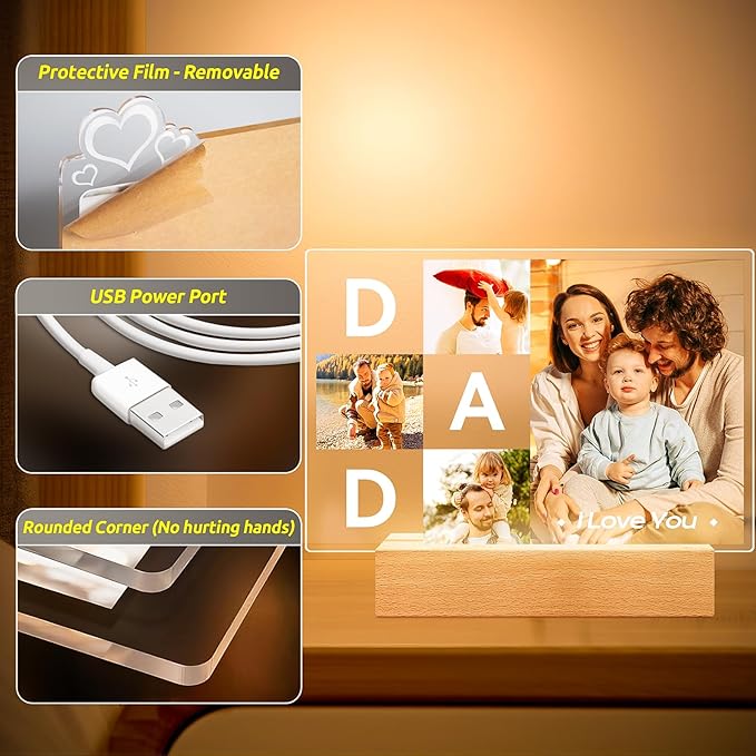 Personalized DAD Picture Frames, Customized Photo Frame with Night Light, Custom Picture Frames, Best Dad Ever Gifts, Personalized Birthday Gifts for Dad from Daughter Son Wife