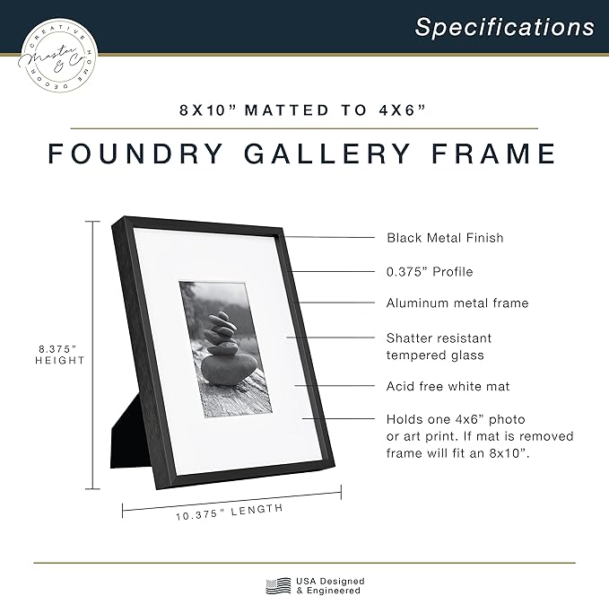 MCS Master & Co. Foundry Metal 8x10 Matted Picture Frame with 4x6 Photo Display, Black Vertical & Horizontal Wall Hanging Frame for Photos & Artwork (1-Pack)