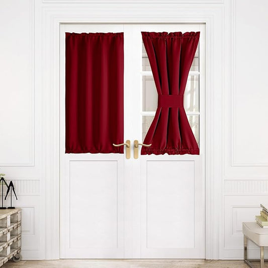 NICETOWN French Door Curtain for Door Window, Rod Pocket Thermal Short Christmas Curtain for Glass Patio Kitchen Window, 30 X 40 Inches Long, 1 Panel with Tieback, Burgundy