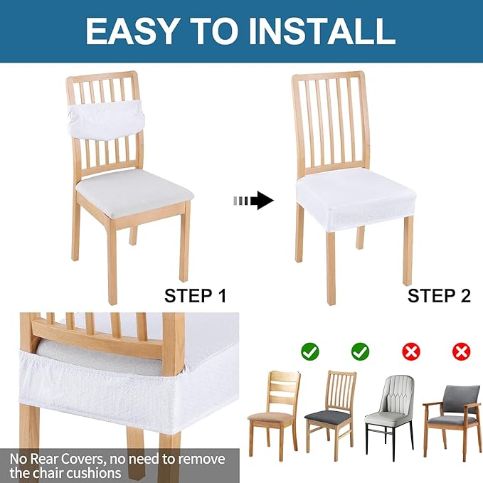 Smiry Waterproof Seat Covers for Dining Room Chairs Set of 6, Stretch Jacquard Removable Washable Chair Seat Slipcovers Protector, No Rear Covers, White
