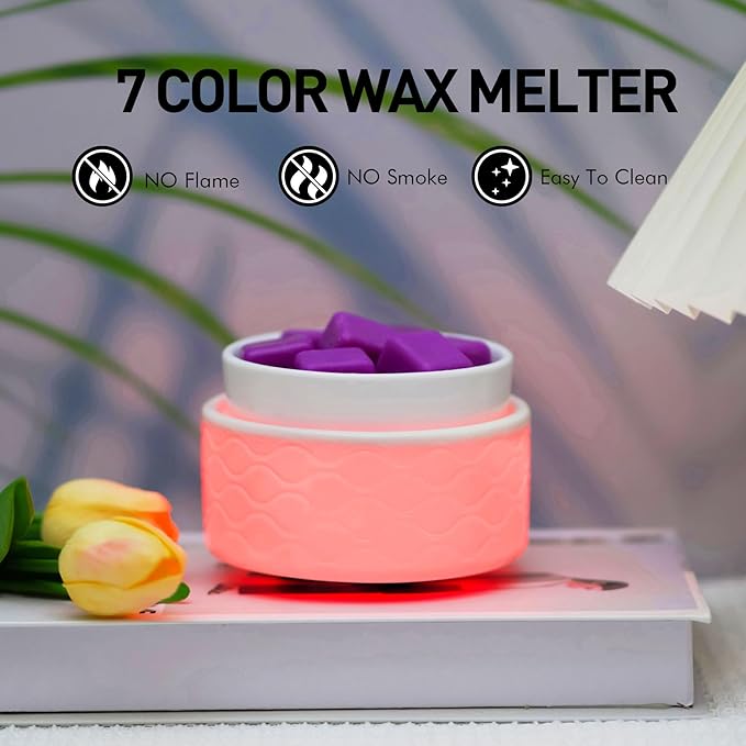 ElusiaKa 7-Color Changing Wax Melt Warmer, Modern Ripple Design 3-in-1 Electric Candle Warmer with Large Melting Dish, Ceramic Scented Wax Melter Essential Oil Burner for Home Aromatherapy, White
