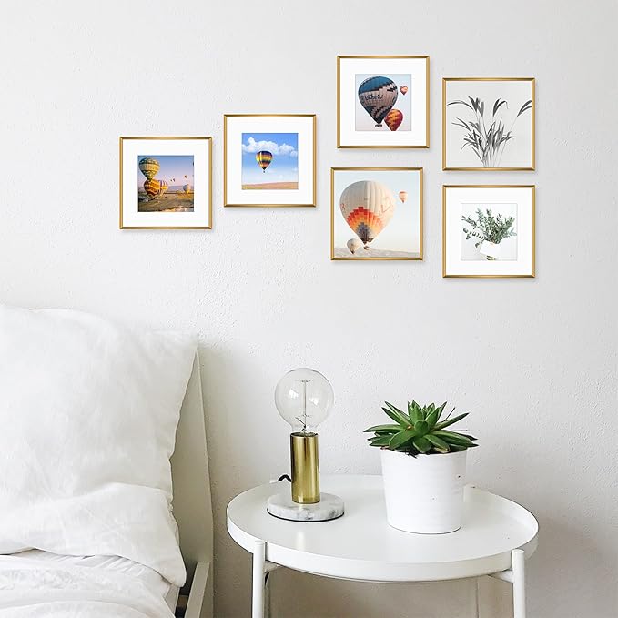 Golden State Art, Gallery Wall Frame Set of 6 - Bronze 12x12 Aluminum Photo Frames with Mat for 8x8 Pictures - 12 x 12 inch Metal Frame with Real Glass Cover - Elegant Home or Office Decor