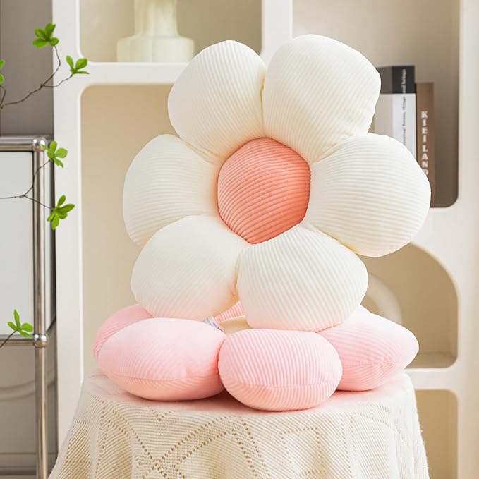 3Pcs Flower Pillow - Flower Shaped Throw Pillow Seating Cushion, Cute Daisy Flower Pillow Floor Pillows for Adults Kids Home Bedroom Sofa Chair Couch Decor (White/Green/Purple, 15.74 in+19.68 in)