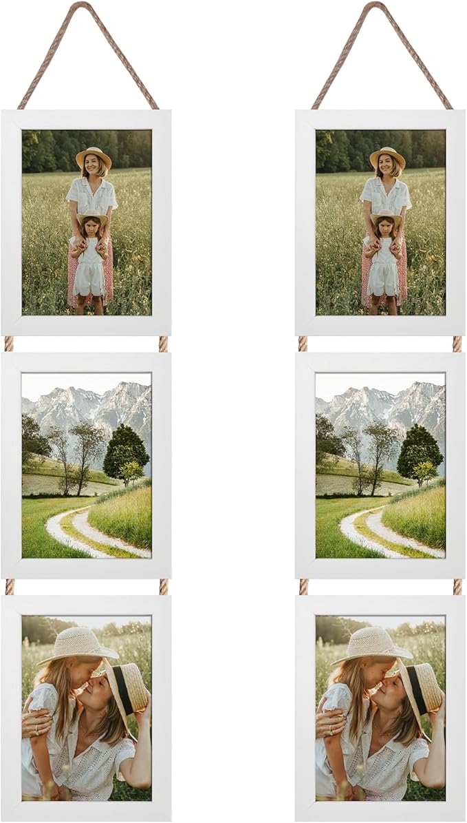 Lavezee 5x7 White Hanging Collage Picture Frames Set of 2, 6 Opening Vertical Frame Made to Display 5 by 7 Inch Photo for Wall Decor