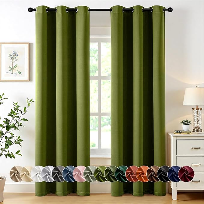 MIULEE Light Olive Green Blackout Curtains for Bedroom Living Room 72 Inches Long 2 Panels, Thermal Insulated Room Darkening Drapes Grommet Noise Reducing Light Blocking Window Treatments 40x72 Inch