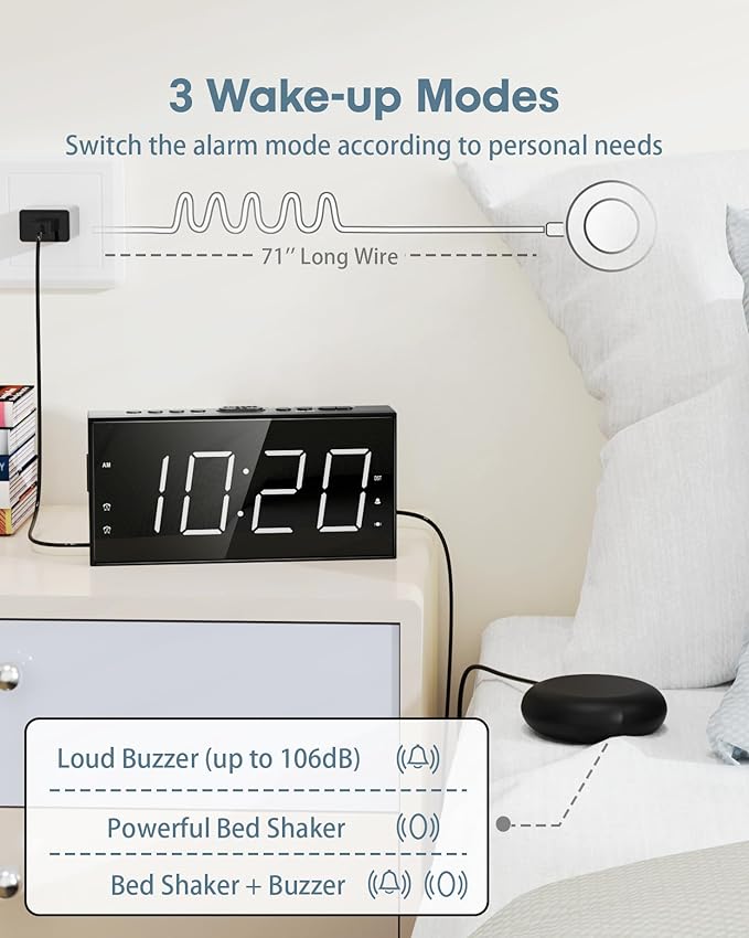 Alarm Clock for Heavy Sleepers with Bed Shaker, Vibrating Alarm Clock | Dual Alarms, USB Charger, 7.5" Large LED Display, 5 Dimmer, Snooze, 12/24H &DST, Plug in Clock with Memory Function - Image 2