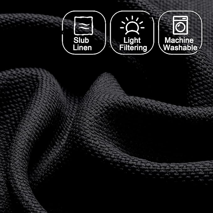 Chyhomenyc Black Faux Linen Textured Small Cafe Curtains, 30x30 Inch, Light Filtering Short Bathroom Curtains, 2PCS