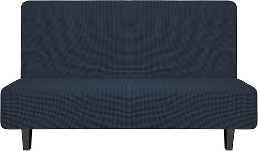 Easy-Going Stretch Futon Slipcover Armless Futon Bed Cover Furniture Protector Without Armrests with Elastic Bottom for Kids, Soft Jacquard Fabric Small Checks (Medium, Dark Blue)