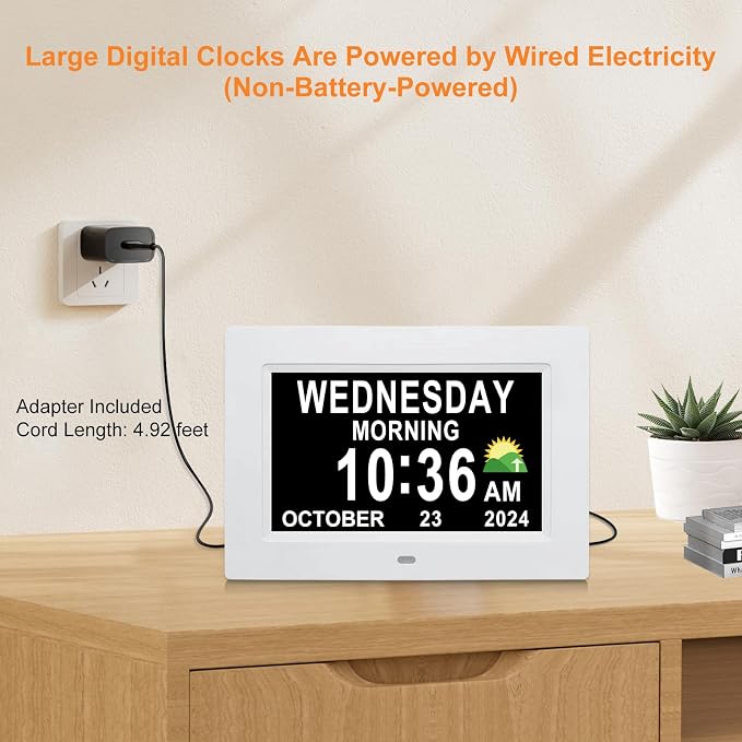 SSINI Digital Calendar Dementia Alarm Clock with Day and Date for Elderly - 15 Alarms 5 Colors Display Digital Clock Large Display Alzheimers Large Digital Clock for Seniors (7in White) - Image 7