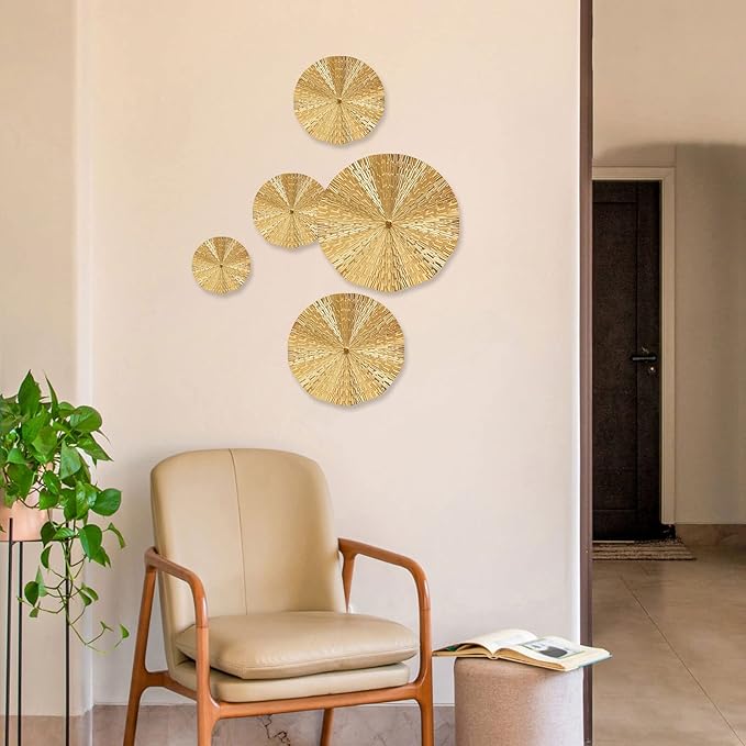 Gold Wall Decor for Living Room Hallway, 7PCS Metal Wall Art Hanging Sculptures Bedroom Decoration, 3D Metal Leaf Accent with 5 Sizes, Large Modern Artwork for Home Office Bathroom Kitchen