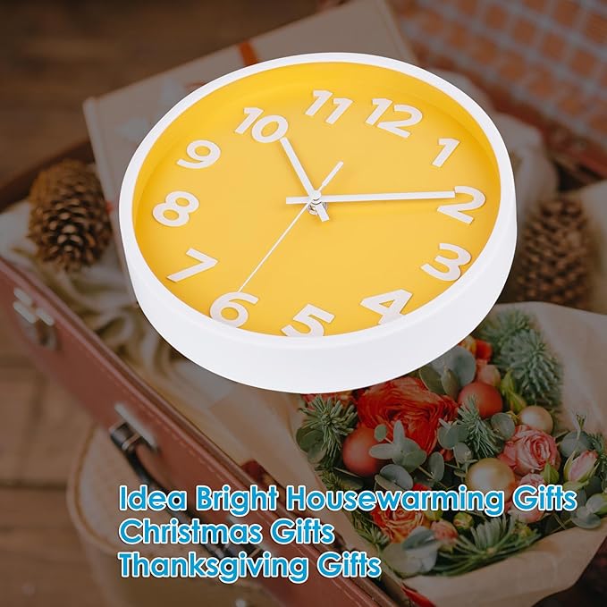 10 Inch Yellow Wall Clock with Big Numbers - Battery Operated Silent Modern Simple Decor Easy to Read for Kitchen, Bedroom, Living Room, Office, School