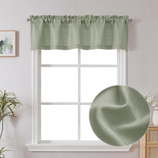 Chyhomenyc Bennett Light Green Window Valance, Faux Linen Slub Textured Semi Sheer Small Kitchen Cafe Valance, 30Wx14L, 2 Piece