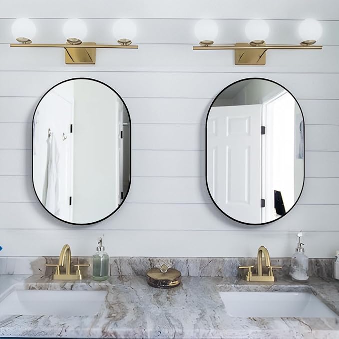 2 Piece Oval Bathroom Mirror Capsule Wall Vanity Mirror, 20"x30" Pill Mirrors Wall Mounted Mirror, Large Modern Mirror with Black Metal Frame, Decor for Entryway, Bedroom, Living Room